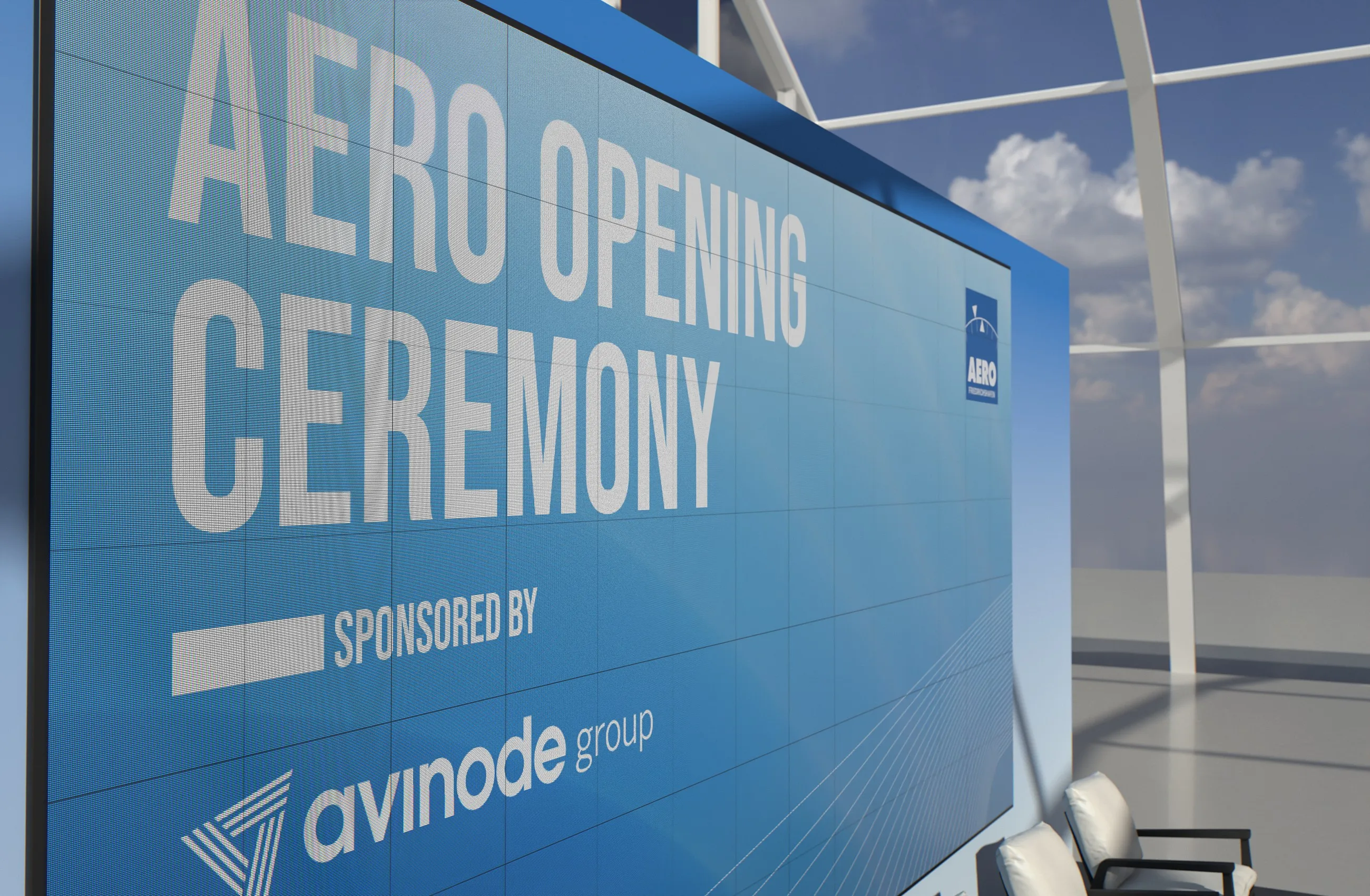 Grafik zur AERO Opening Ceremony auf der LED-Wand in der Nahaufnahme, mit Avinode als Sponsor