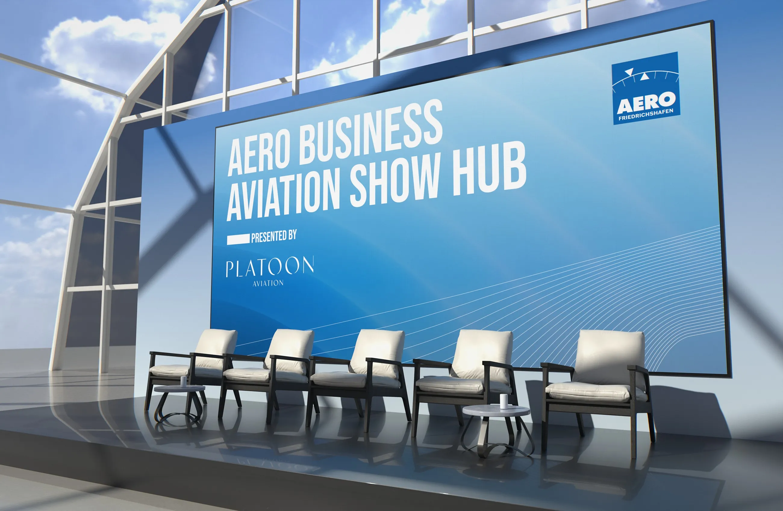 Grafik AERO Business Aviation Show Hub, präsentiert von Platoon Aviation, auf der LED-Wand im Dome