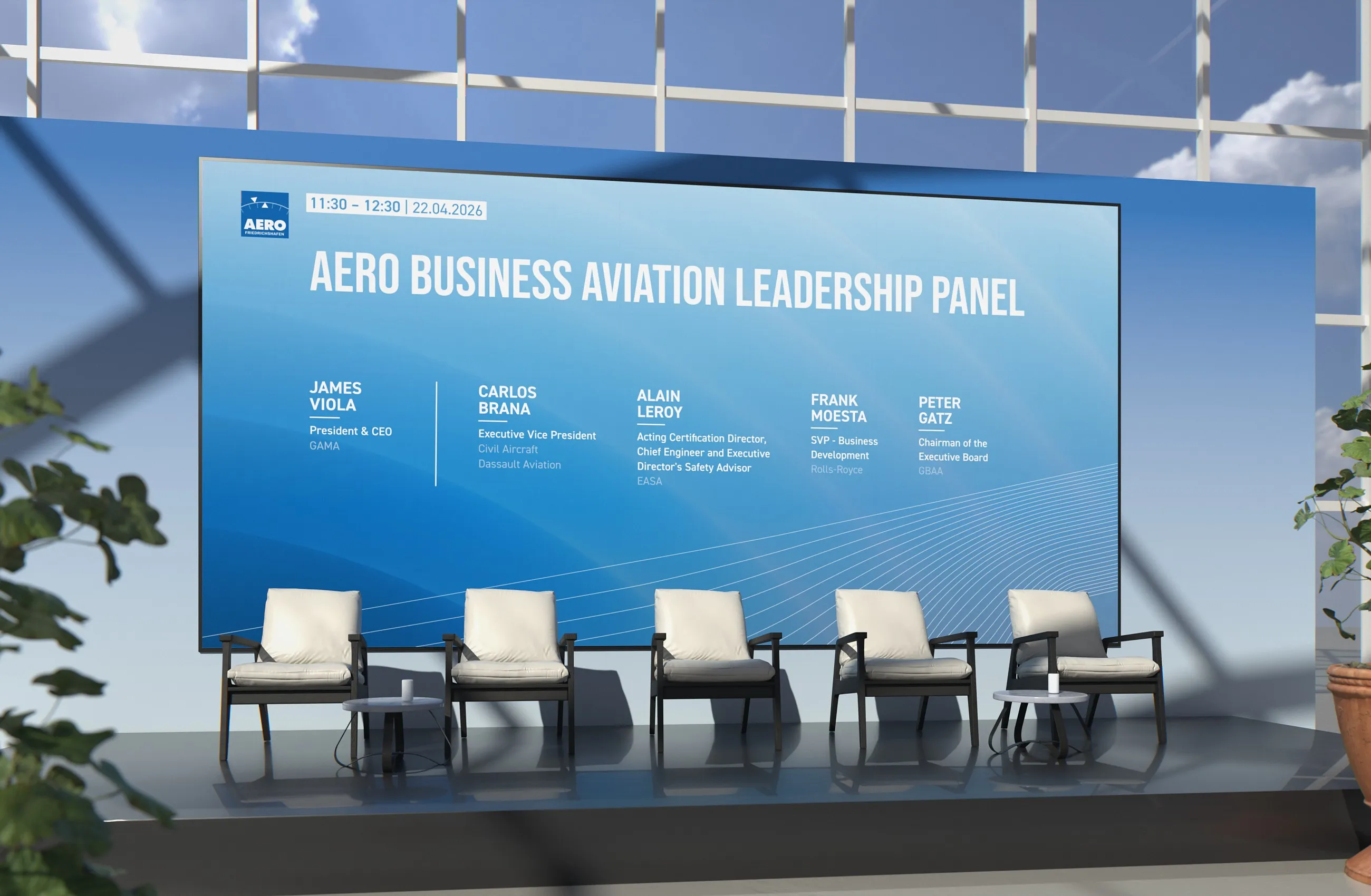 LED-Wand auf der Bühne im Dome der AERO mit der Grafik zum Business Aviation Leadership Panel