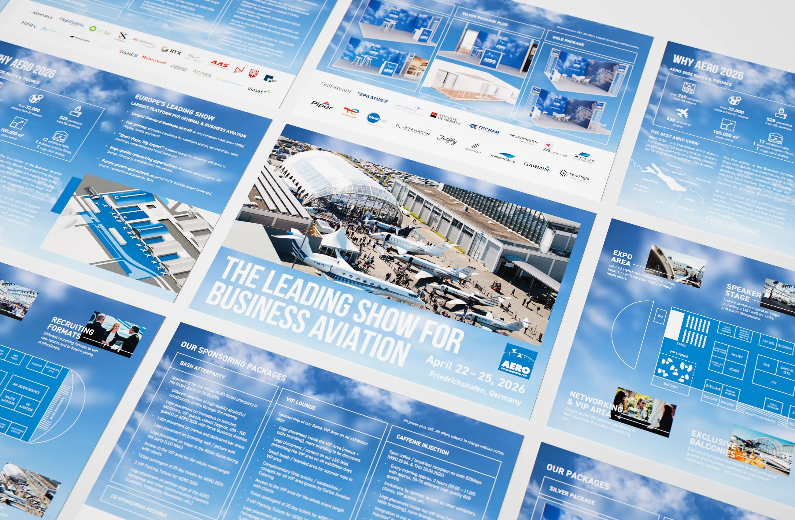 Seiten der Präsentation für die AERO 2026 als Drucke im Raster, in der Mitte die Titelseite