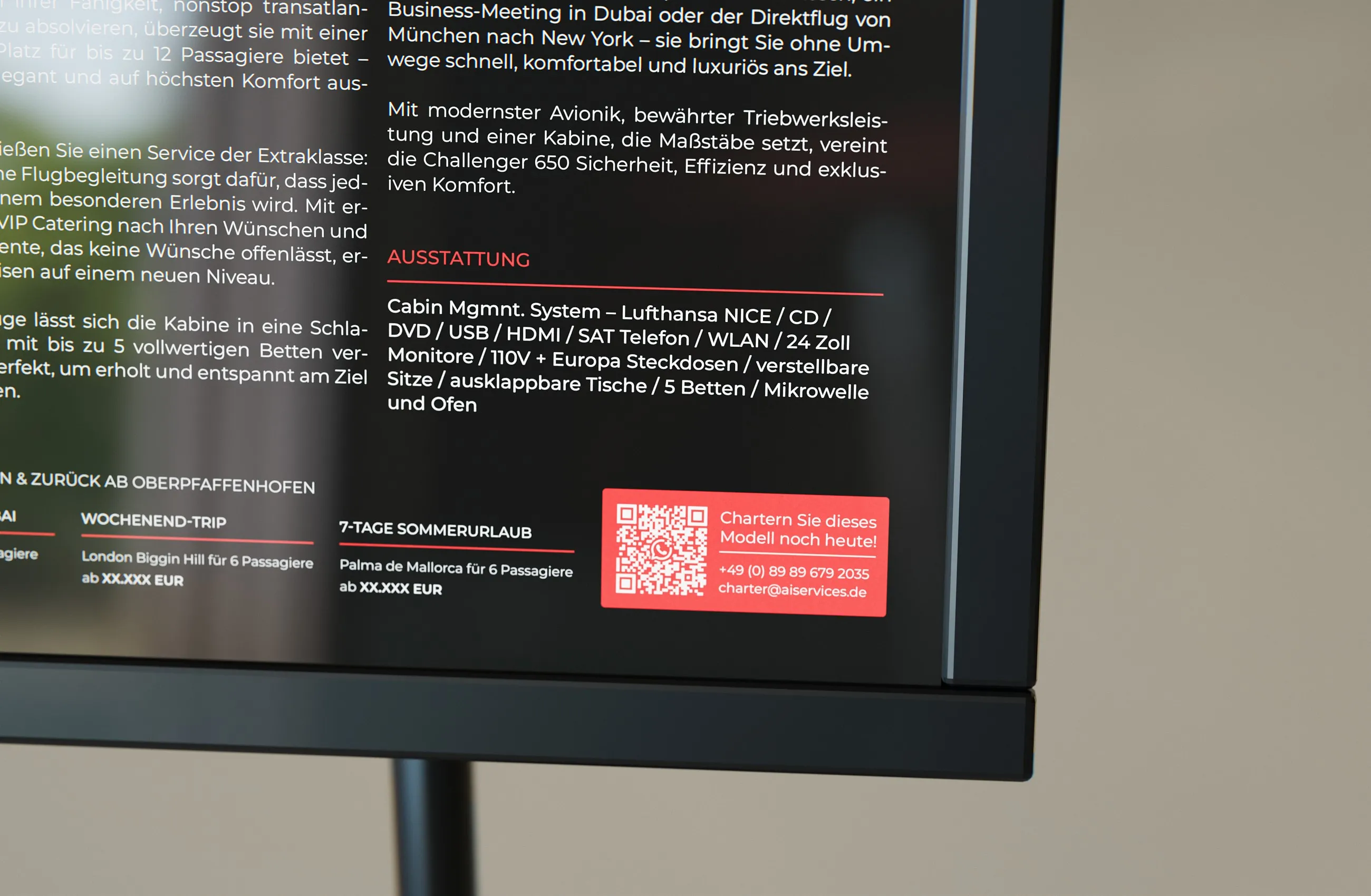 Ausstattung, Beispielflüge und roter Kasten mit QR-Code auf dem Datenblatt der Challenger 650