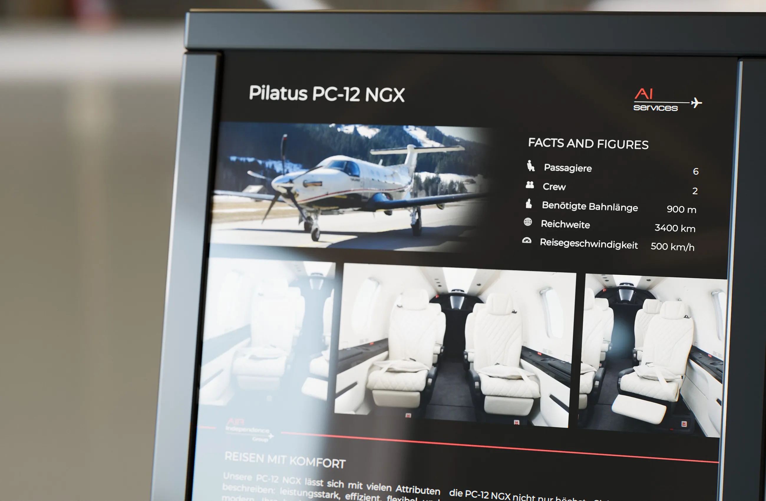 Datenblatt der Pilatus PC-12 NGX in der Nahaufnahme mit Foto des Flugzeugs und Kenndaten