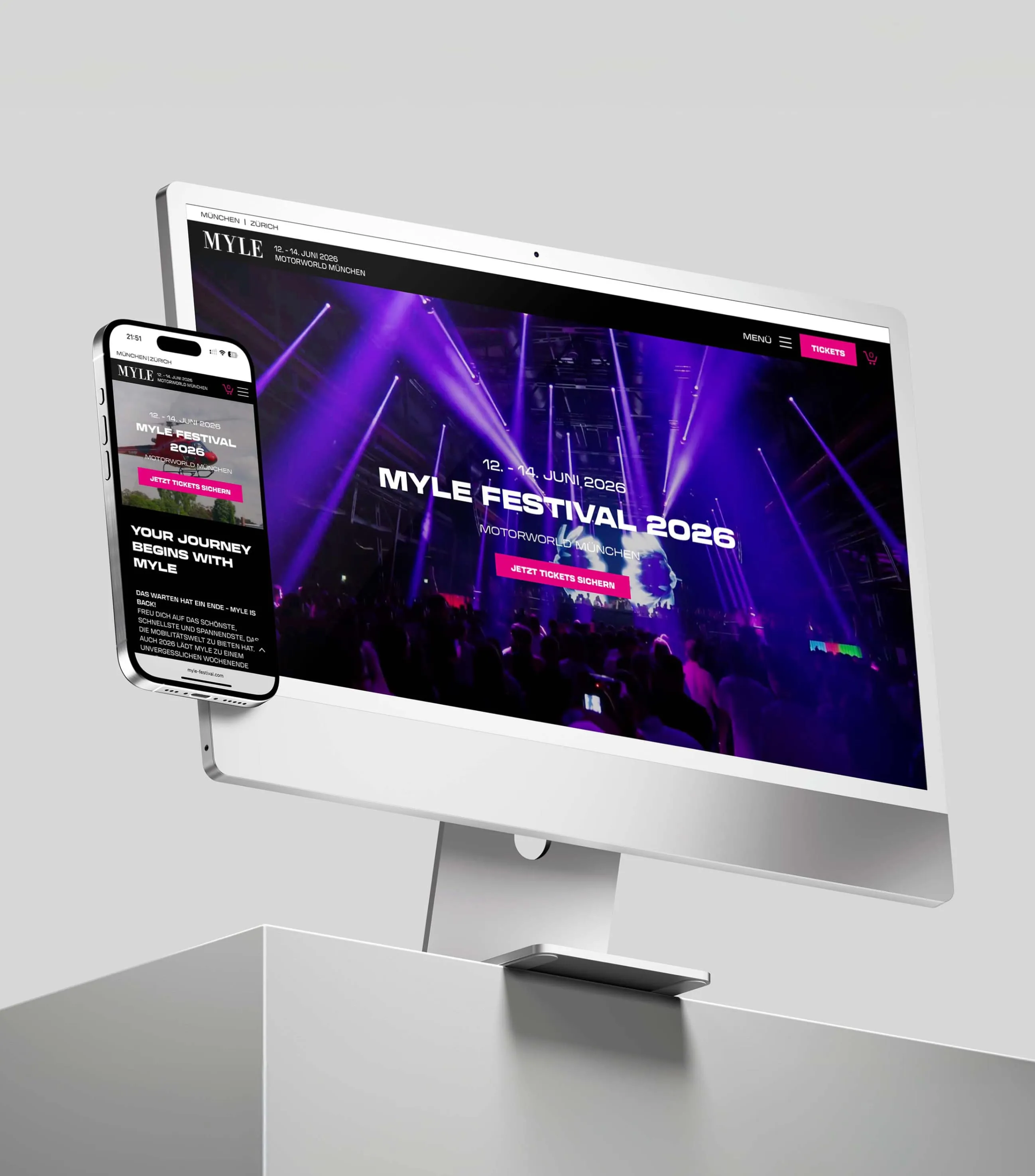 Startseite der MYLE-Website auf iMac und Smartphone