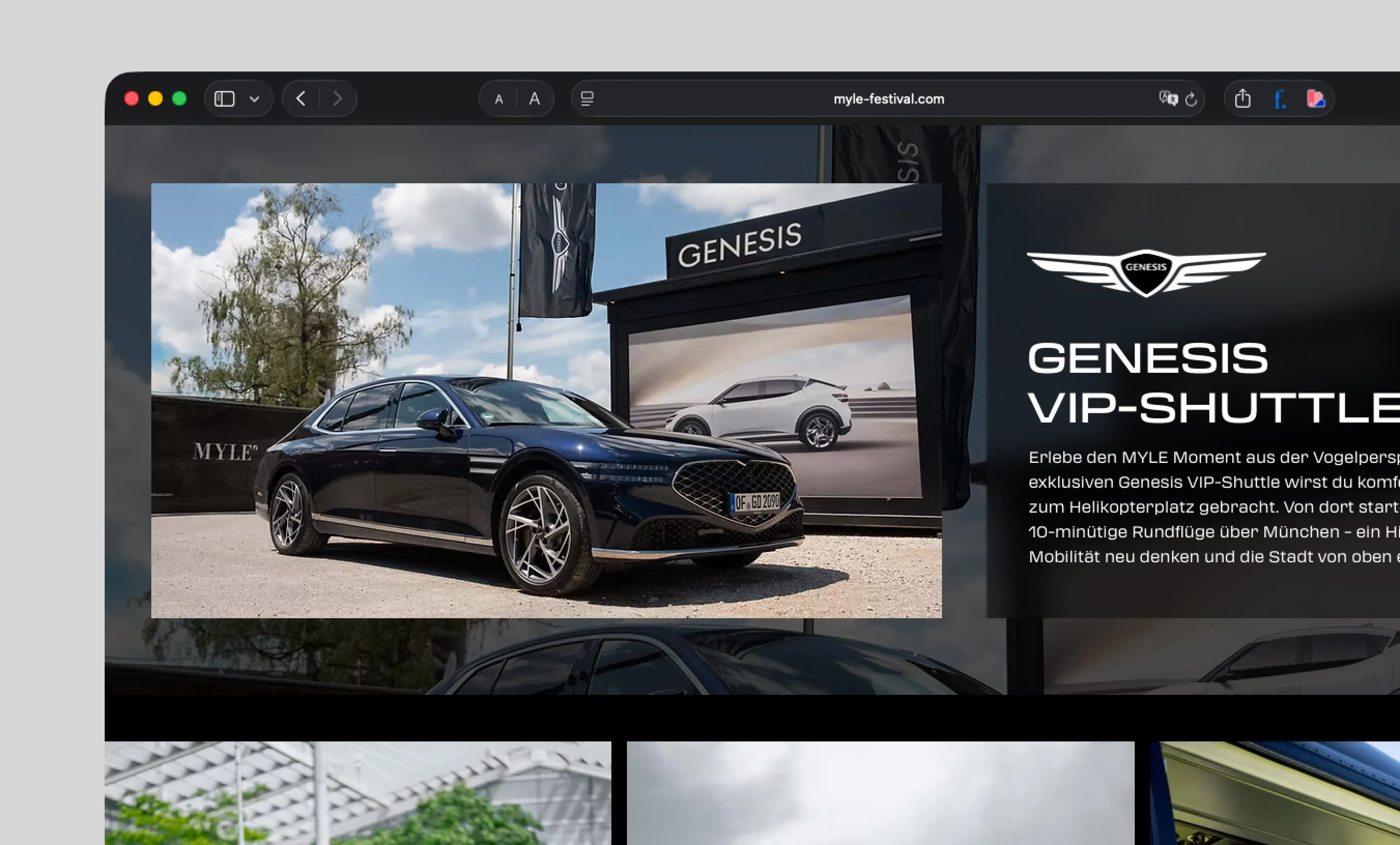 Bereich zum VIP-Shuttle auf der MYLE-Website im Browser