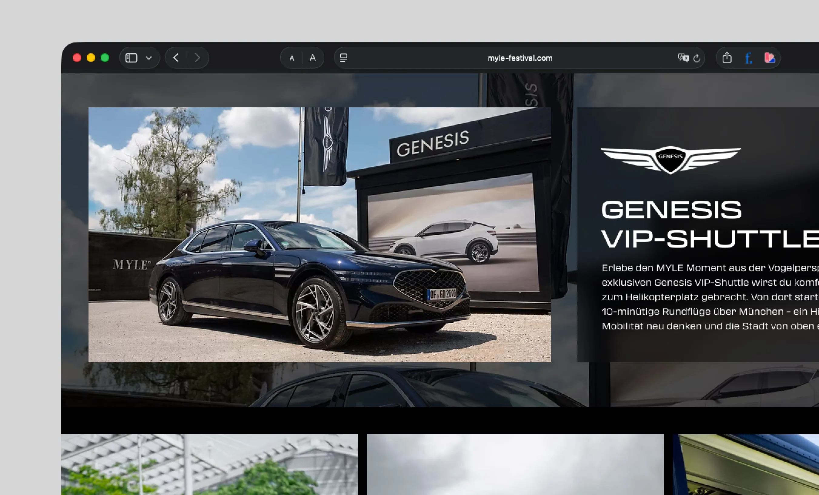 Seite der MYLE-Festival-Website zum Genesis VIP-Shuttle