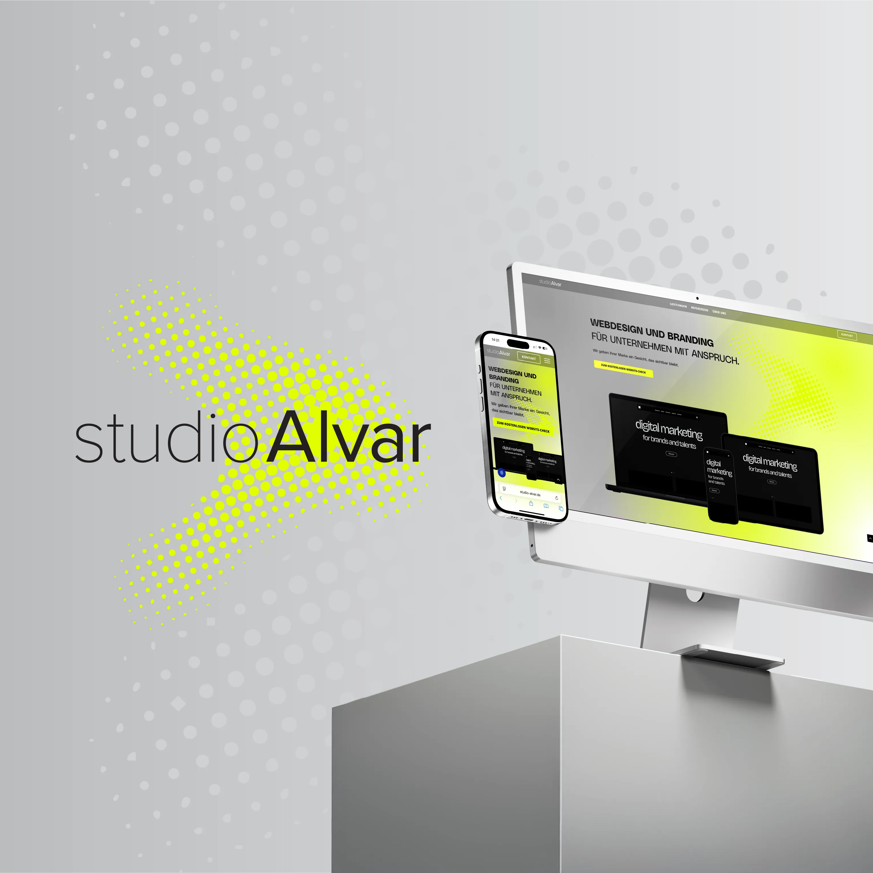 Erscheinungsbild von studio Alvar mit Wortmarke, Halbtonraster und Website