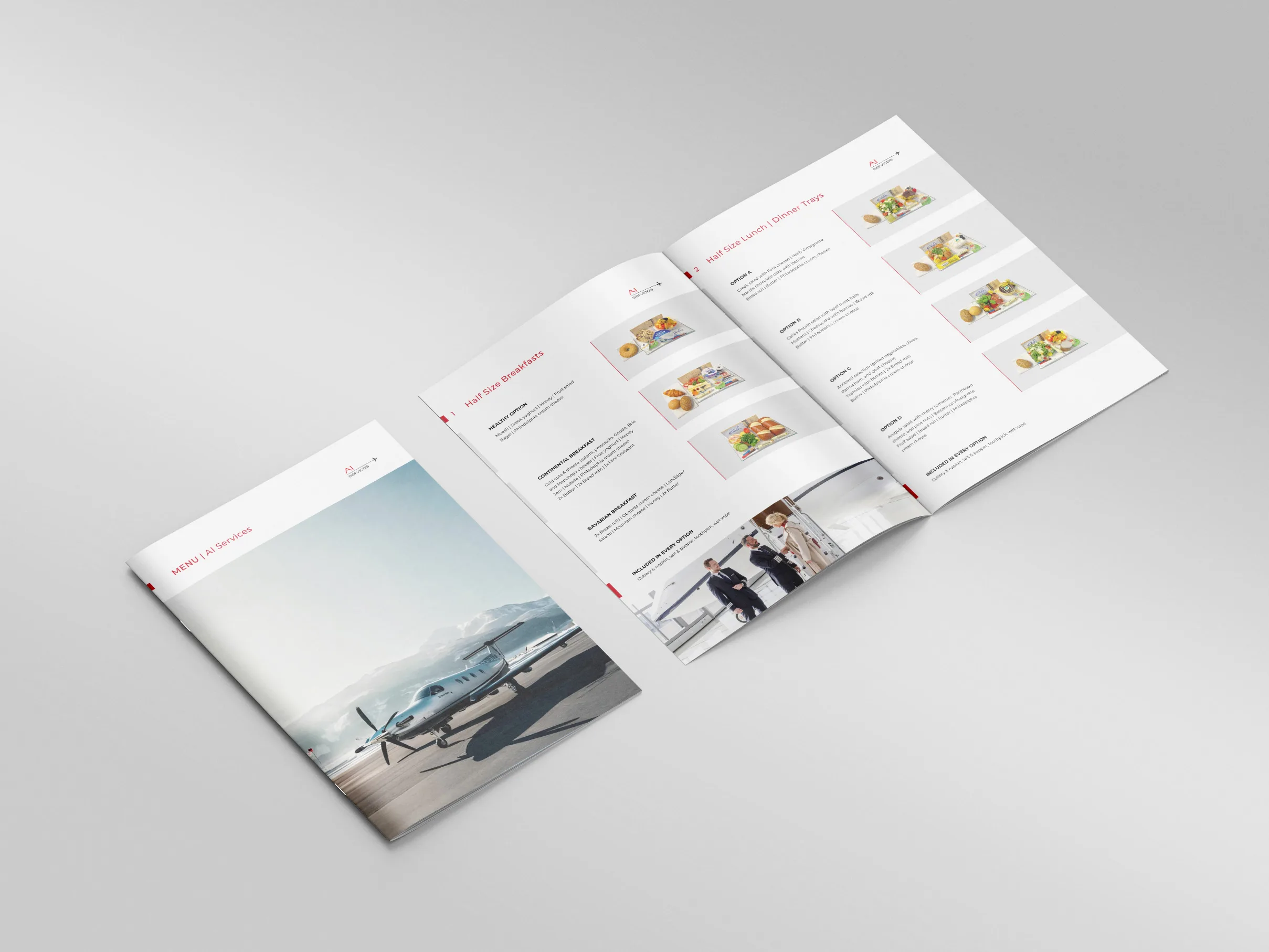 Aufgeschlagene Menübroschüre von AI Services mit Frühstücks- und Lunch-Optionen