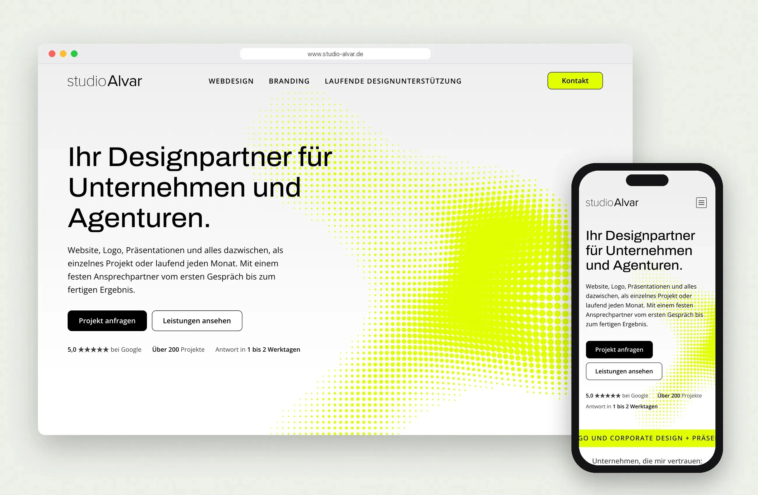 Startseite von studio Alvar im Browser und auf dem Smartphone