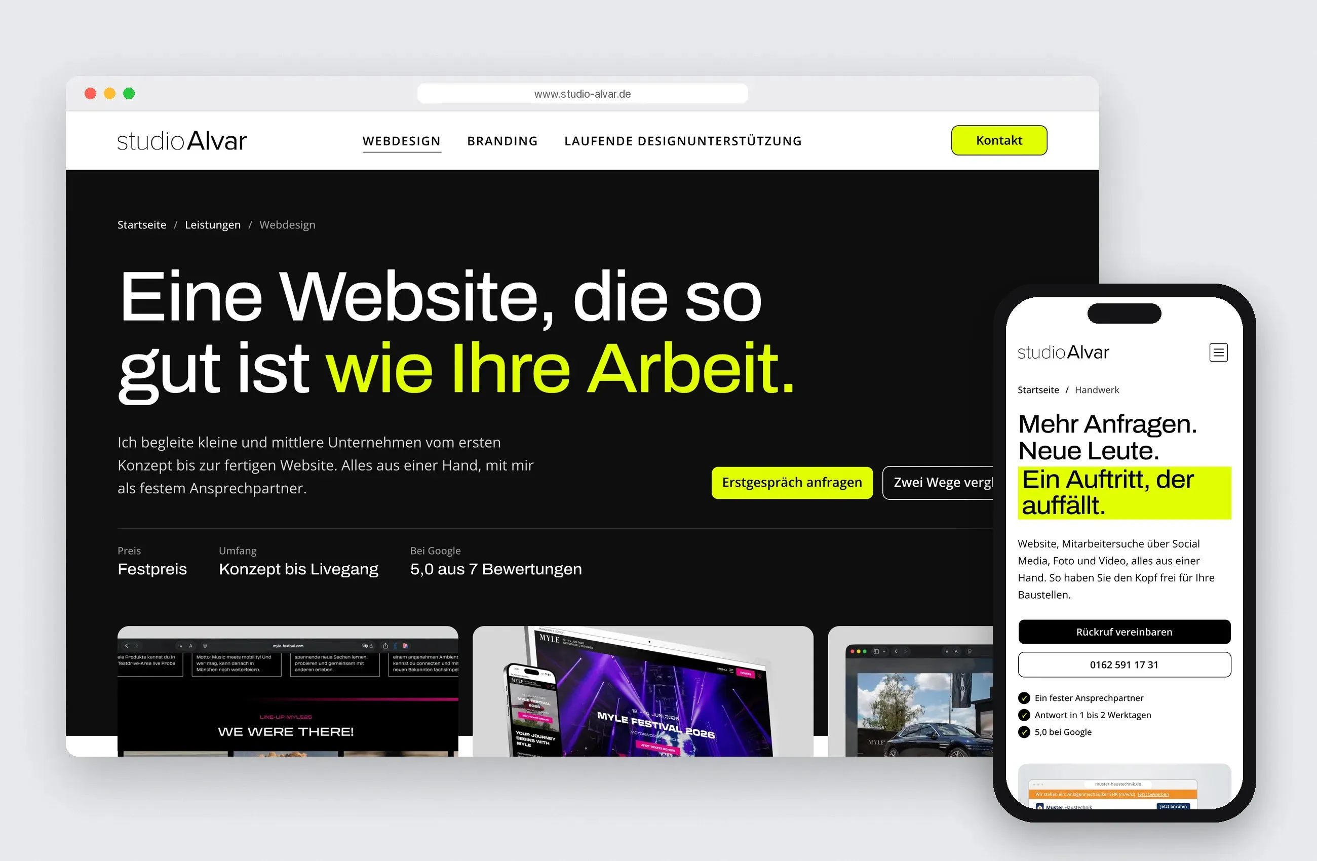 Seite zum Webdesign im Browser und Branchenseite Handwerk auf dem Smartphone